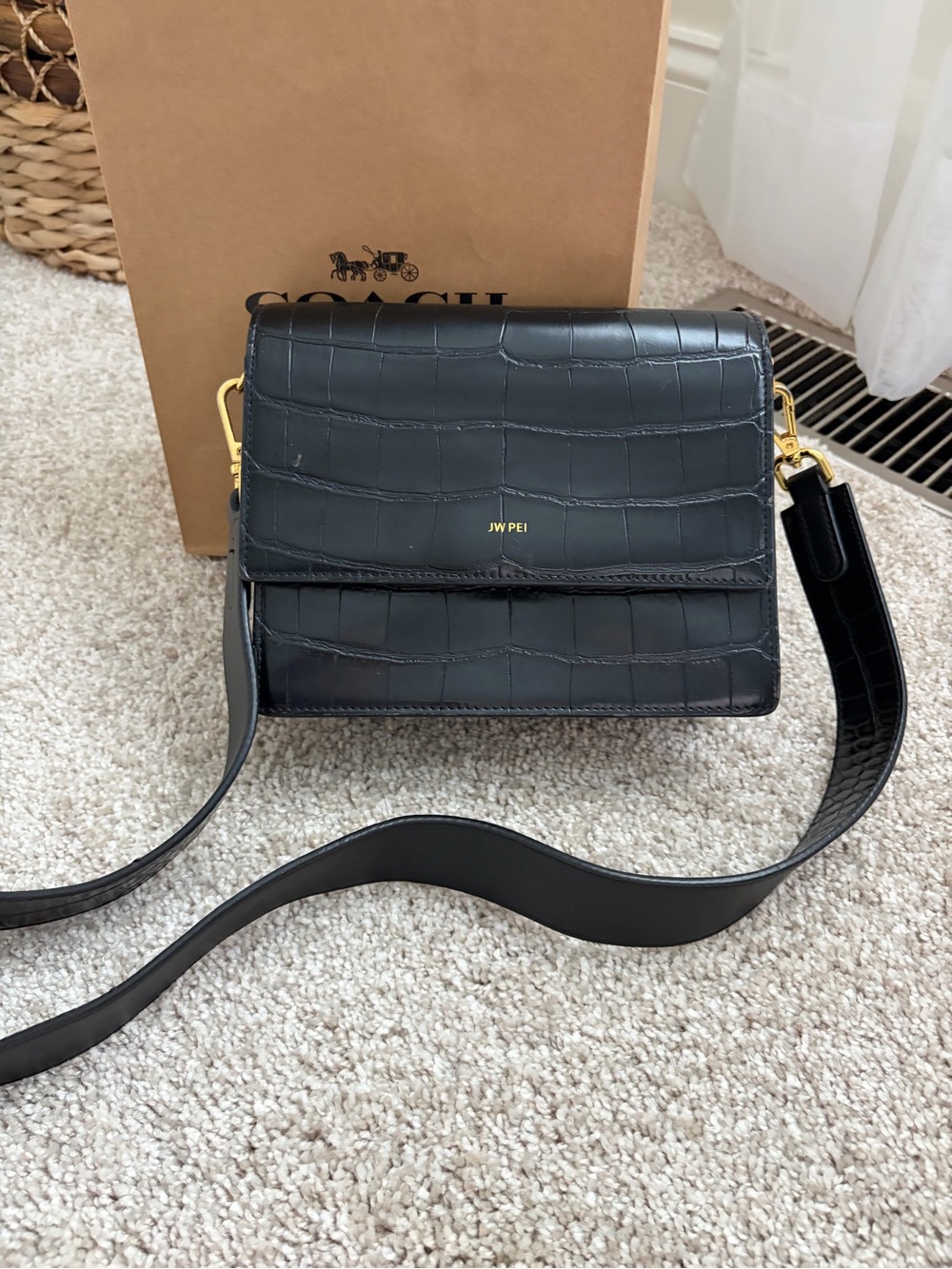 JW PEI Black Croc-Embossed Square Crossbody with Gold Hardware